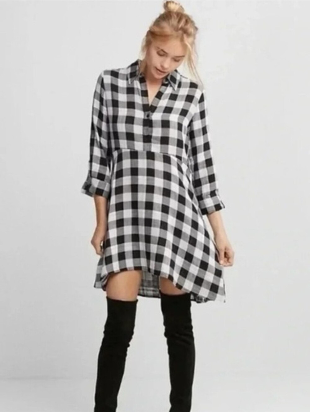 EXPRESS Black White Buffalo Plaid Button Up Tunic Dress Small